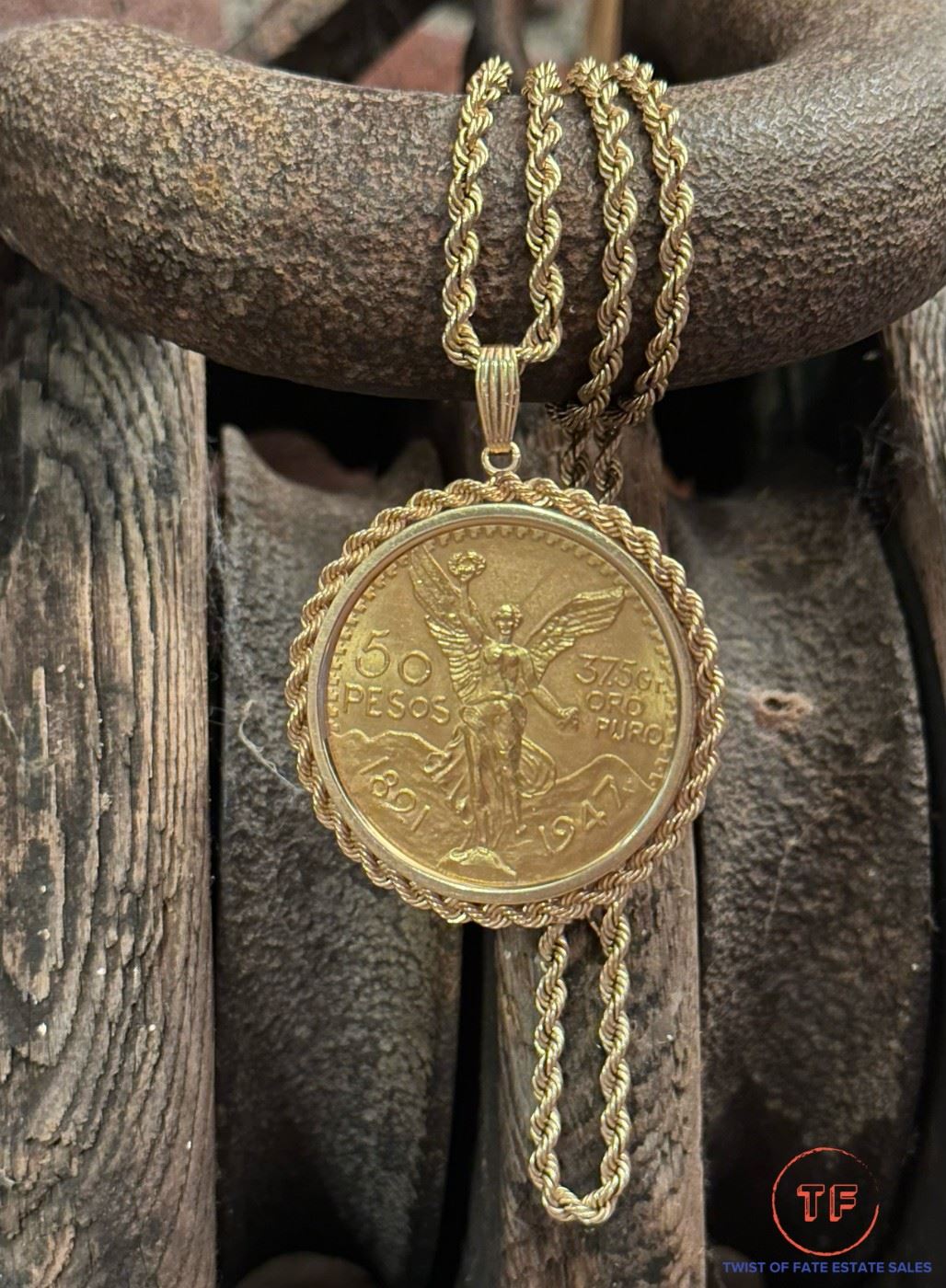 1947 GOLD 50 Peso Coin with 14K GOLD Rope Bezel and Rope Chain