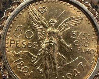 1947 GOLD 50 Peso Coin with 14K GOLD Rope Bezel and Rope Chain