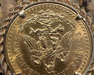 1947 GOLD 50 Peso Coin with 14K GOLD Rope Bezel and Rope Chain