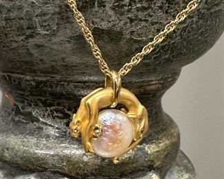 18KT GOLD Carrera Design Jaguar with Ruby Eyes and Button Pearl on 18KT GOLD Rope Chain