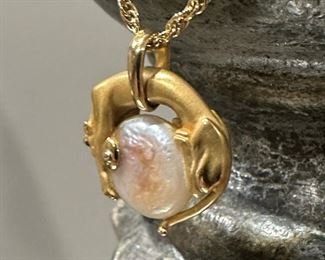 18KT GOLD Carrera Design Jaguar with Ruby Eyes and Button Pearl on 18KT GOLD Rope Chain