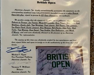 Framed British Open Flag Autographed by 23 OPEN CHAMPIONS with COA