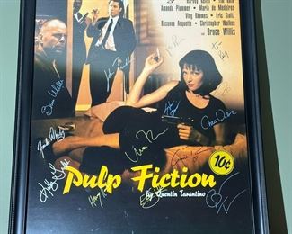 PULP FICTION Movie Poster Autographed by BRUCE WILLIS, JOHN TRAVOLTA, SAMUEL L JACKSON, UMA THURMAN, QUENTIN TRANTINO