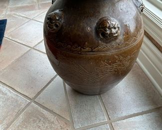 Decorated Chinese Pottery Urn with Foo Dog Reliefs