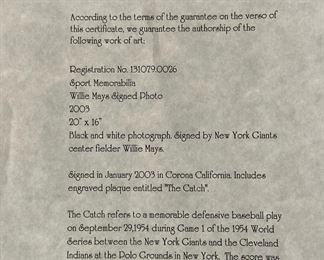 WILLIE MAYS Autographed Framed Photo "The Catch"