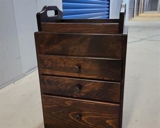 #17 - $15.00 Barnegat - pine 3 drawer stand/table with removable tray top - 15"x11"x24"h