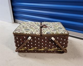 #26 - $10.00 Barnegat - faux wicker dual top sewing basket 15"x10" - some condition issues