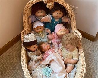 Wicker Basket Of Cabbage Patch Dolls, American Character, Baby Thumblina 