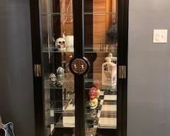 1985 American of Martinsville Black Lacquer Campaign Style Curio Display Cabinet with light.  32x15x77