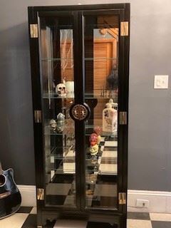 1985 American of Martinsville Black Lacquer Campaign Style Curio Display Cabinet with light.  32x15x77