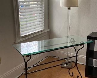 Heavy Wrought Iron and Glass Console Table and Post Modern Lucite and Chrome Floor Lamp