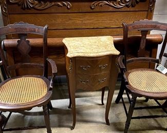 Cain bottom chairs. Vintage headboard & footboard bed. French 2 drawer stand with marble top.
