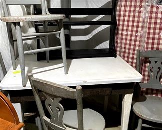1940's enamel  top table with drawer.  Set of 4 painted oak chairs from 1940's.