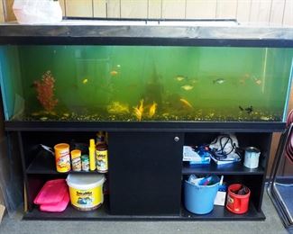 Glass Aquarium Including Cleaning Supplies, Filter Light, And Live Fish Approximately 28, 55" x 72" x 20"