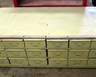 Metal 18 Drawer Hardware Cabinet, 11" x 33.5" x 18", And Steel Shop Table, 29.5" x 30" x 21"