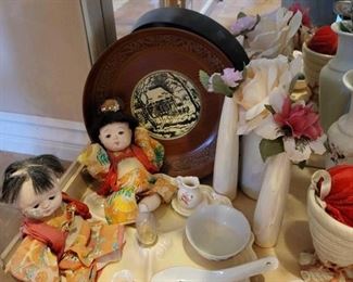 #1018 • Japanese Dolls, Vases, Figurines, Fans & Faux Flowers