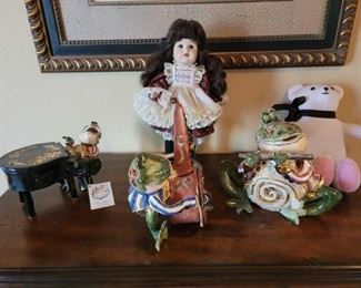 #1116 • Clayworks by Heather Goldmine Frog Candle Set, Porcelain Doll, and Teddy Bear