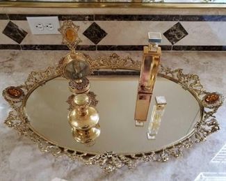 #1140 • Gold Toned Vanity Tray and 4 Perfume Bottles