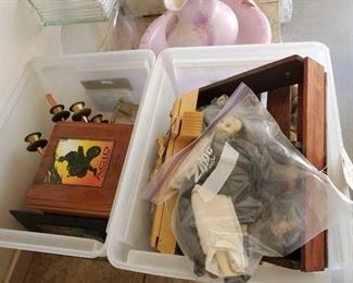 #1678 • 2 Totes of Dolls, Cigar Box, Cross, Decor and More