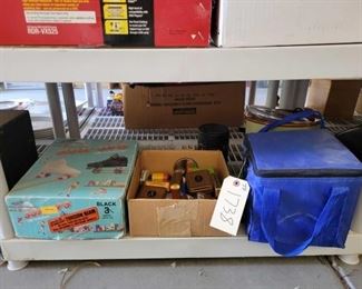 #1738 • Box of Tins, Balls, Crock Pot & Roller Skates
