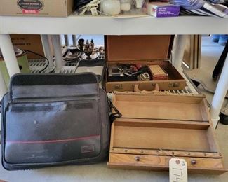 #1748 • Wooden Shelf, Case, Bags, Head Phones & More