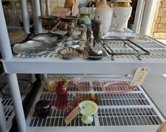 #1799 • Glassware, Platter Sterling Silver weighted Pieces and Silver Toned Pieces