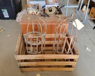 #1806 • (2) Metal Cage Home Decor & Wooden Crate
