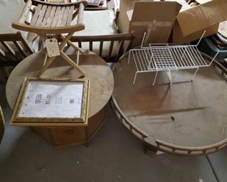 #1864 • two coffee tables planter holder picture frame and metal organizer