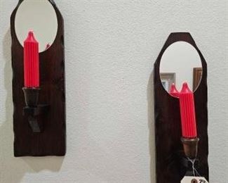 #2410 • 2 Wooden Wall Hanging Candle Holders with Mirrors