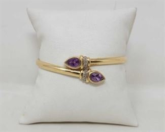 #358 • 14k Gold Amethyst & Diamond Dust Bangle, 8g
