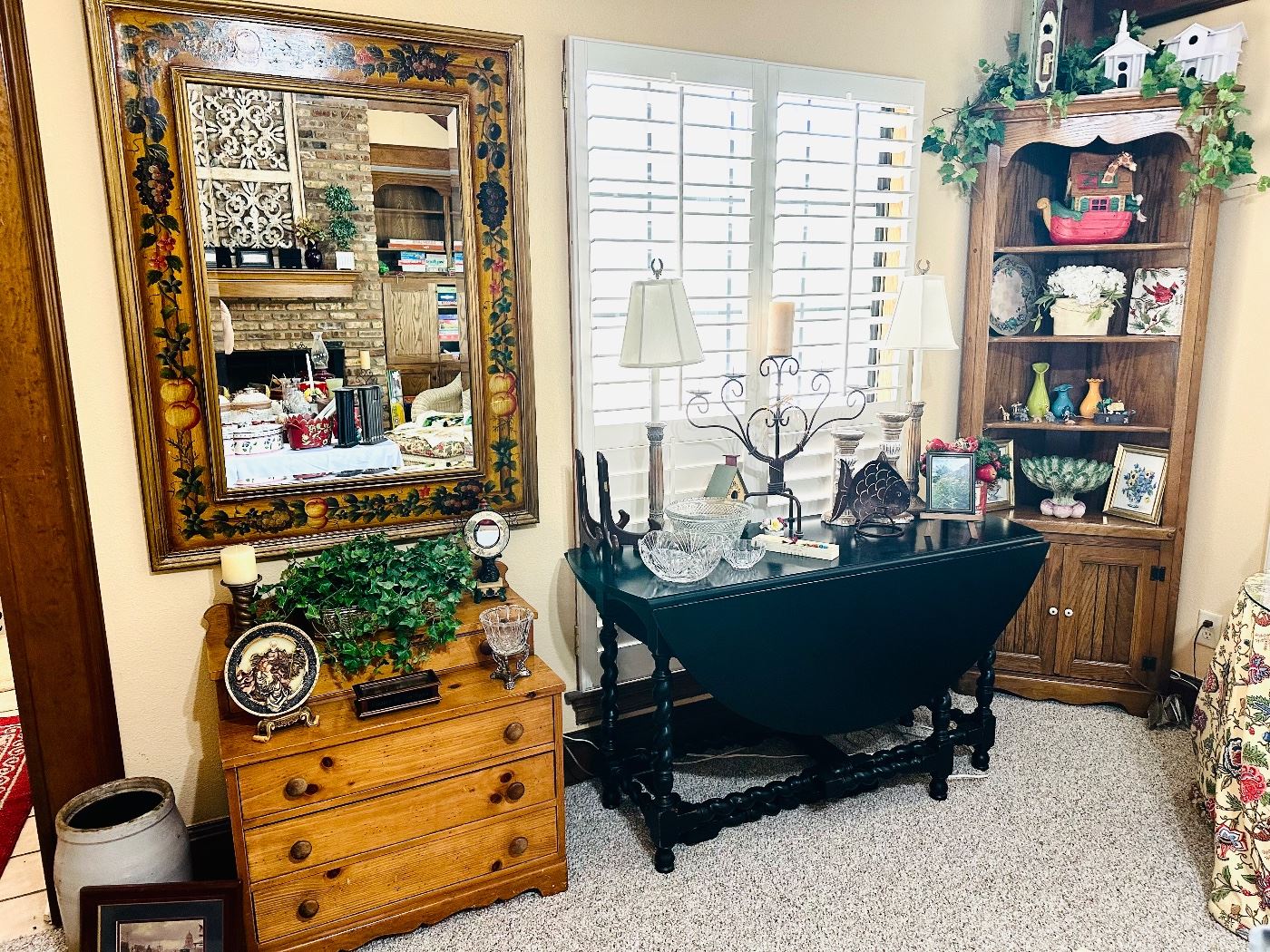 Black drop leaf round table
Gate table 
Large inlaid mirror 