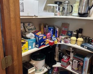 Pantry items, coffee pots, vintage thermos 