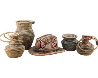 5pc Handcrafted Western Rope Basket Art
