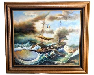 Signed Campbell Victorious Ship Oil on Canvas
