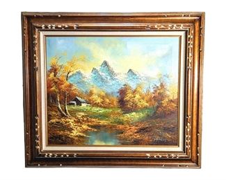 Signed Harvey Cabin Landscape Oil on Canvas
