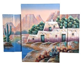 Signed Stucco Relief Arizona Scenery Oil on Canvas
