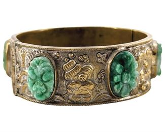 Carved Jade Inlaid Silver Bracelet
