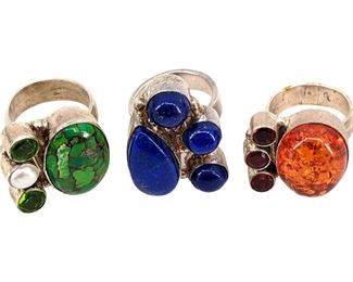 3pc. Vintage Faux Gem Inlaid Sterling Rings
