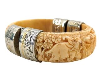 Antique Engraved Elephant Design Ivory Bangle
