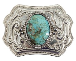 Silver Turquoise Inlaid Belt Buckle
