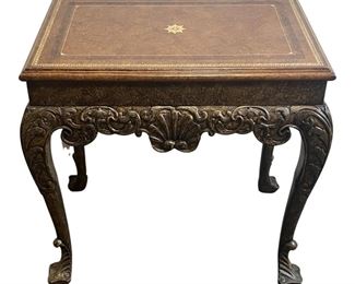 Wood Leather Top Ornate Side Table
