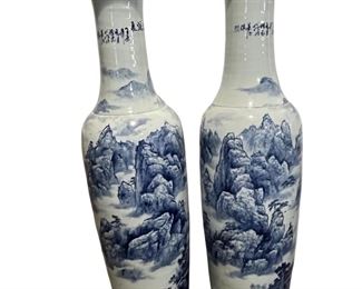 Pair Of Huge Chinese Flow Blue Vases
