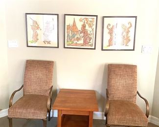 Pair/ metal framed arm chairs w/ chenille upholstery. Artwork NFS