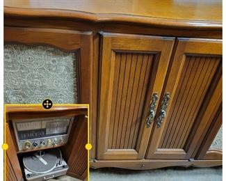 Solid maple stereo console with working turntable, radio and speakers - $300