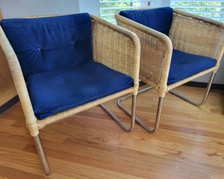 Pair Mid-Century Wicker and Chrome Arm Chairs with blue velvet cushions $139 or bid  #10