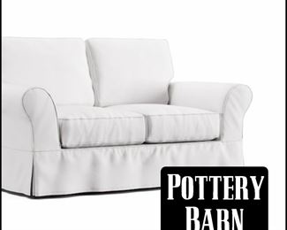 The 60" Comfort Curve Slip Cover Sofa from POTTERY BARN in bright white, $525 or bid #2