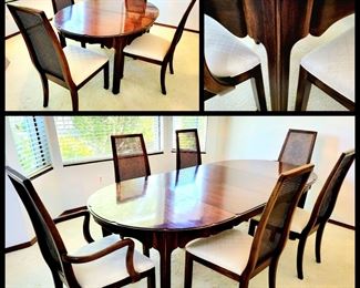 Mid-Century Dining Set with 6 Caned-Back chairs, 2 leaves and full table pad from the DAVIS CABINET CO. Nashville, TN $495 or bid #3