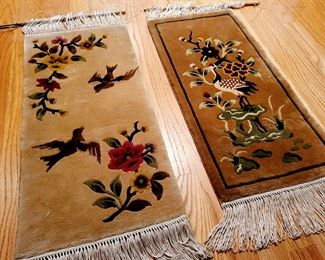 Pair small silk hand-woven rugs
