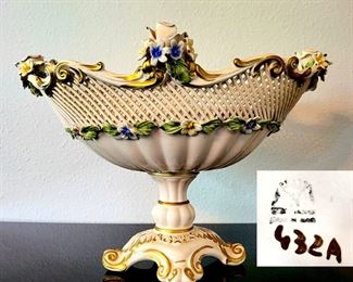 Vintage woven porcelain pedestal bowl