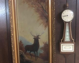 Antique Oil Painting & Banjo Clock